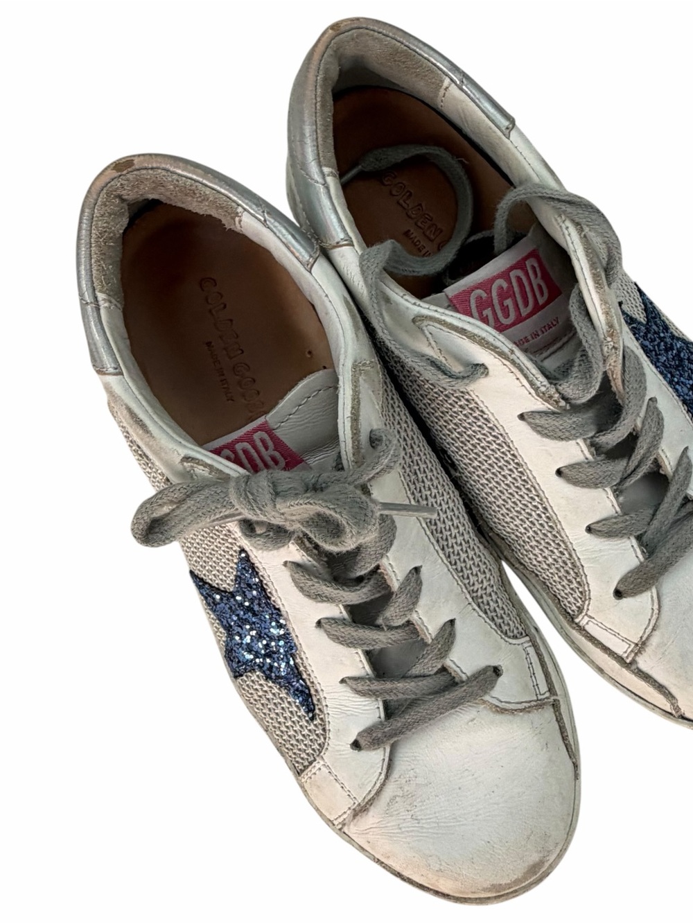 Golden Goose Women's White Leather & Mesh Sneakers with Blue Glitter Star